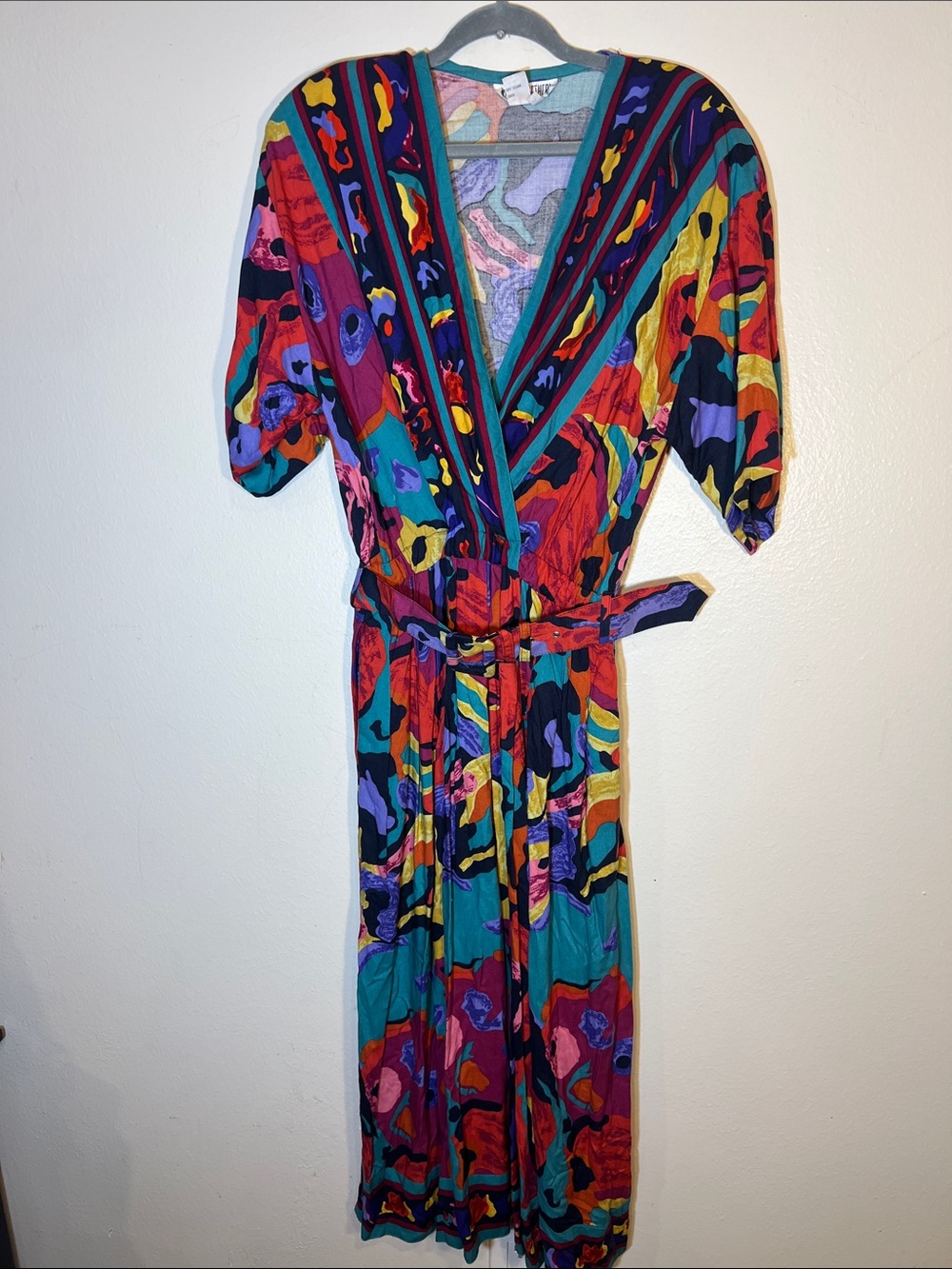 By Together 80s Colorful Abstract Print Maxi Dress Red, Teal, Purple, Yellow 10
